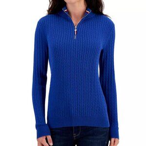 Tommy Hilfiger Women's Cotton Quarter-Zip Cable-Knit Sweater Blue, Size S (New)